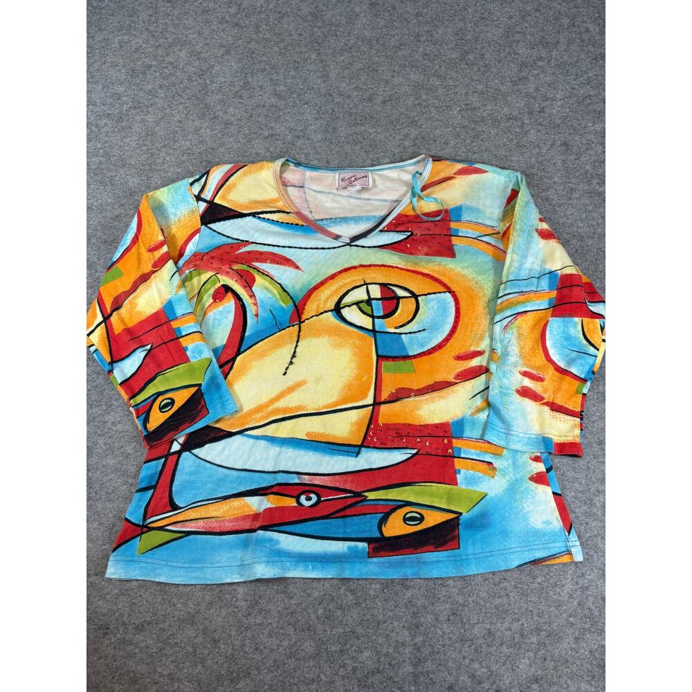 Vintage Ronnie Salloway Long Sleeve Shirt Womens M Abstract Boho Beach Art AOP